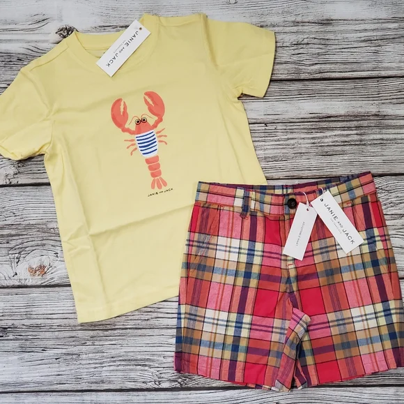 Janie and Jack Lobster Print T-Shirt and Plaid Shorts Outfit NWT - Picture 7 of 10